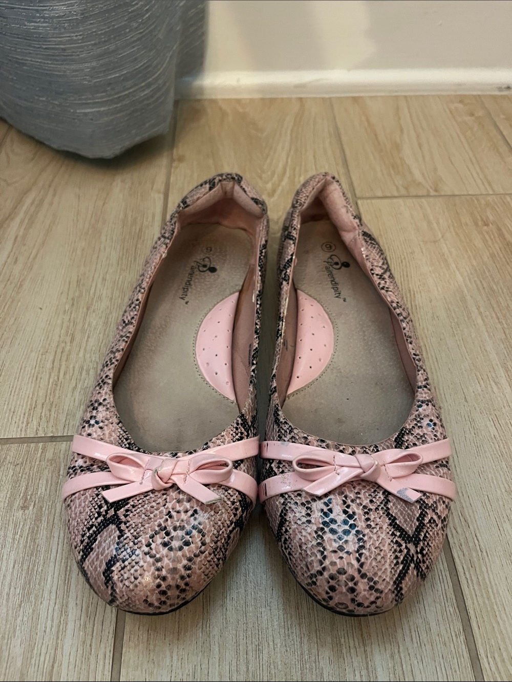Pink Snake-Print Ballet Flats with Bow Accent